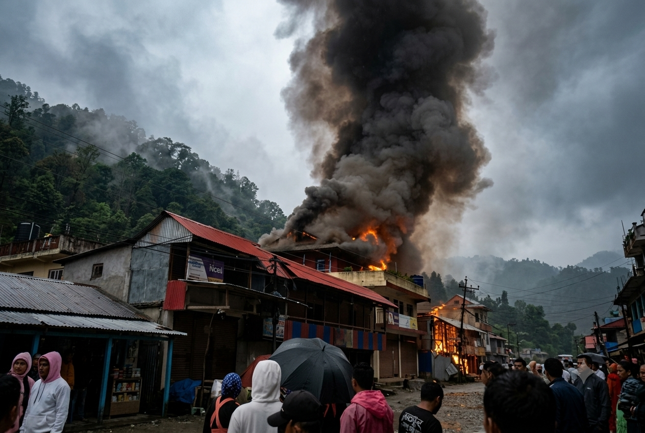 विद्युत् सर्टबाट ताप्लेजुङको दोभान बजारमा आगलागी, ७ घर पूर्णरूपमा नष्ट 