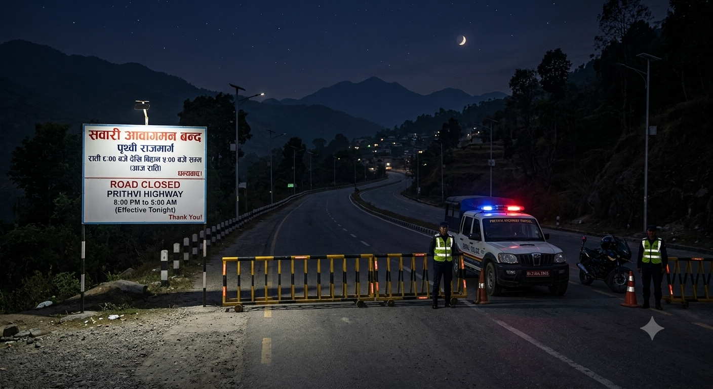 पृथ्वी राजमार्गमा आज राति ८ बजेदेखि बिहान ५ बजेसम्म सवारी आवागमन बन्द